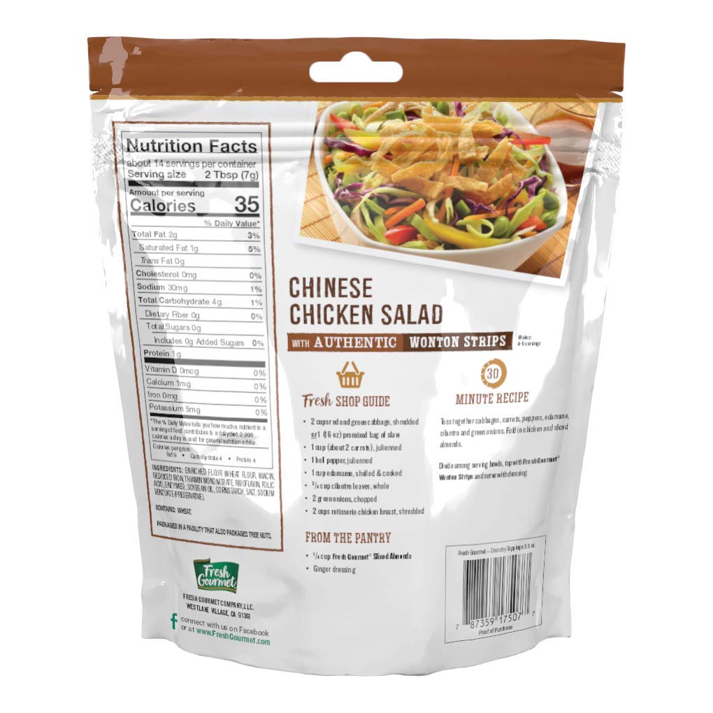 Fresh Gourmet wonton strips in a resealable bag lock in freshness.
