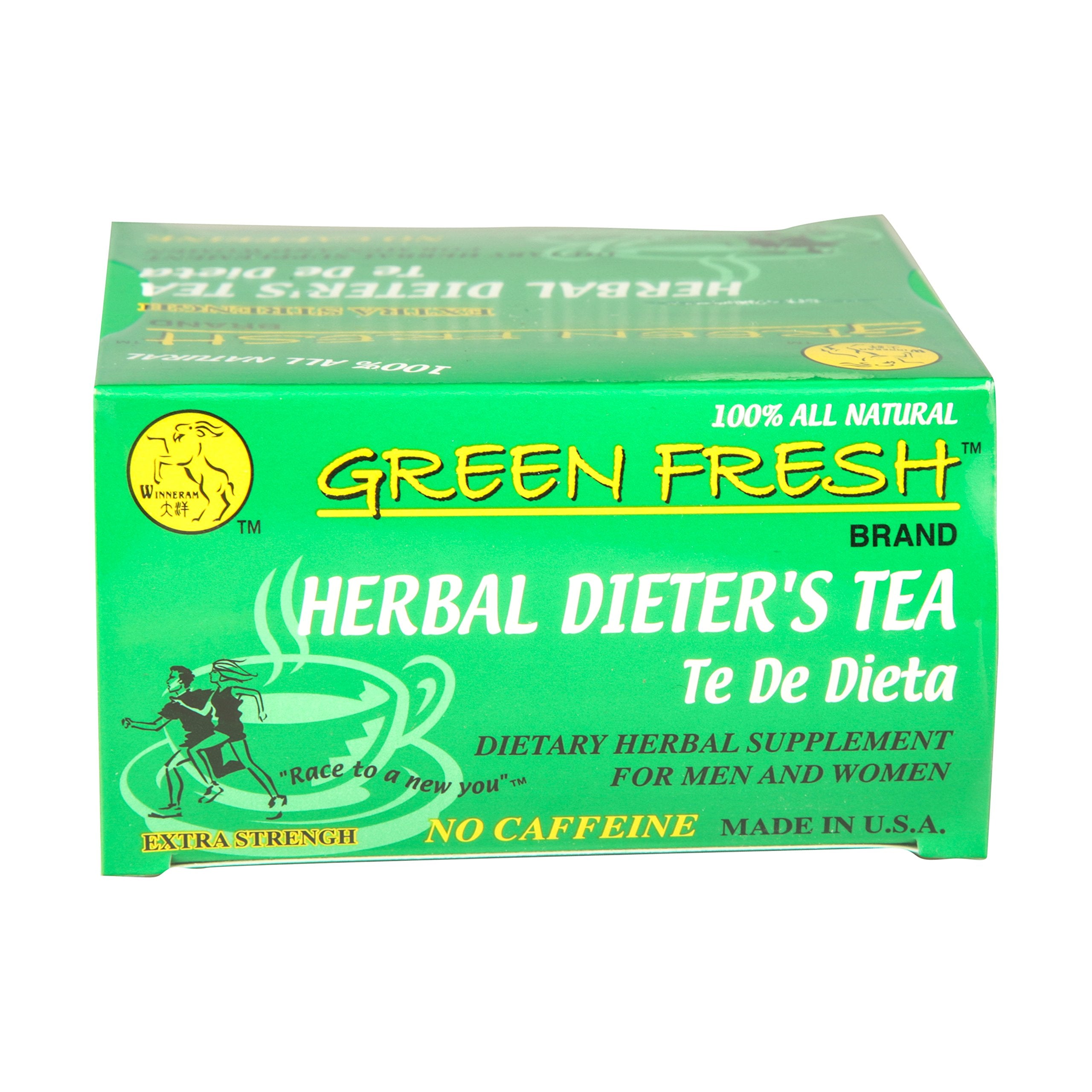 Green Fresh Extra Strength Herbal Dieters Tea shown with natural packaging, ideal for gifting.