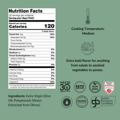 Close-up of Fresh Press Farms Pure Gold EVOO label highlighting high polyphenol content