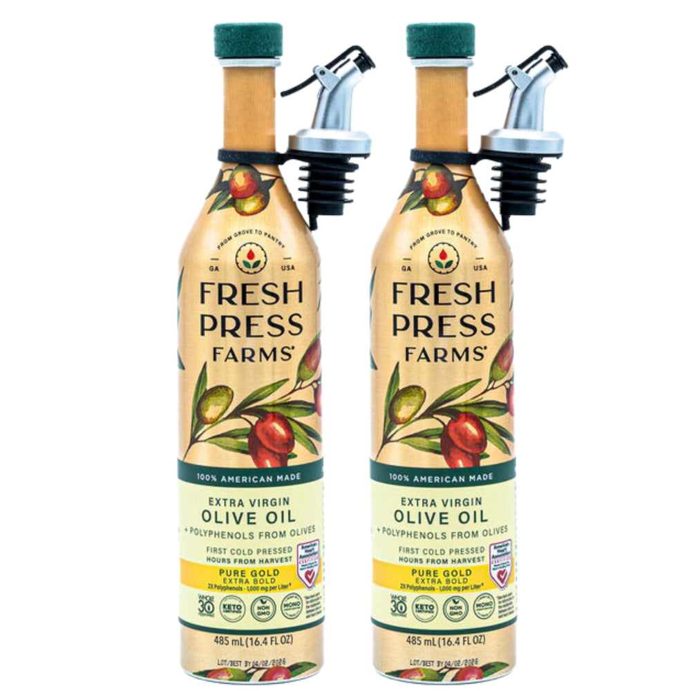 Fresh Press Farms Pure Gold EVOO bottle with pour spout for easy dressings