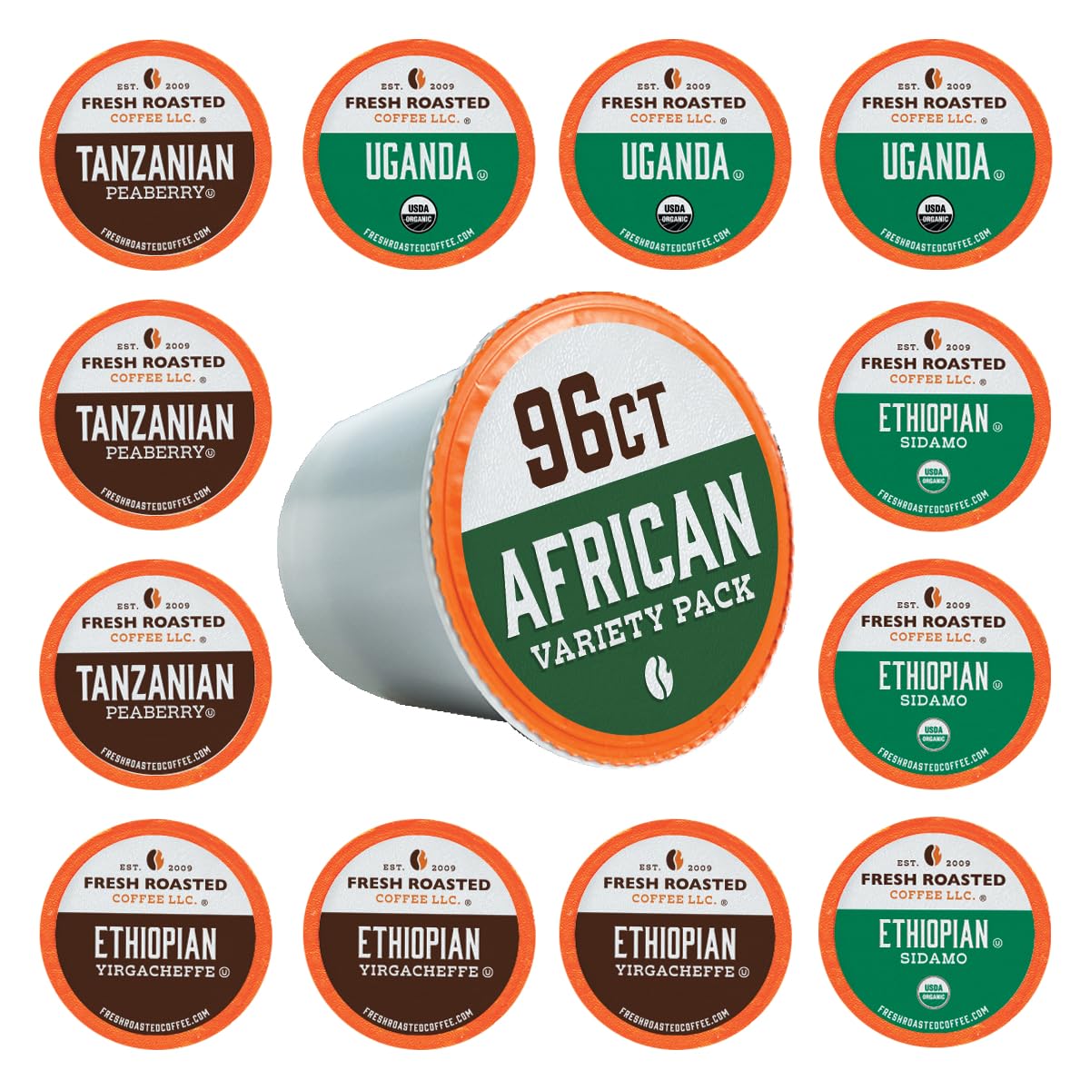 Fresh Roasted Coffee African Variety Pack K-Cup pods on shelf for easy mornings.