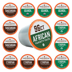 Fresh Roasted Coffee African Variety Pack K-Cup pods on shelf for easy mornings.