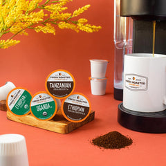 Fresh Roasted Coffee African Variety Pack packaging highlights eco-friendly materials.