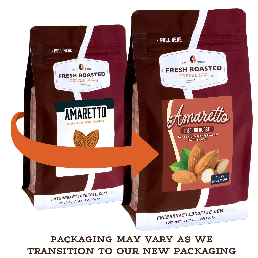 Fresh Roasted Coffee Amaretto bag label showing flavor notes and Kosher certification.