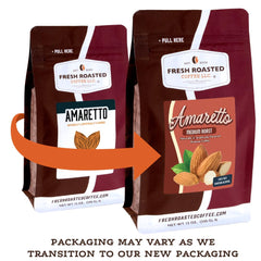 Fresh Roasted Coffee Amaretto bag label showing flavor notes and Kosher certification.