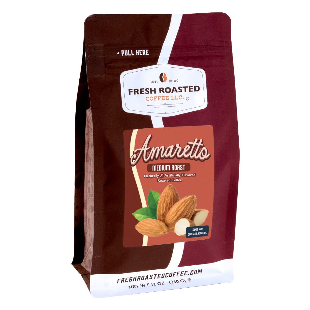 Fresh Roasted Coffee Amaretto flavored coffee bag, ideal for cozy mornings.