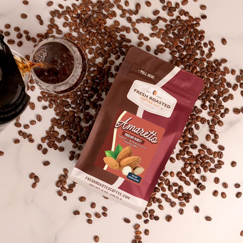Fresh Roasted Coffee Amaretto packaging nitrogen-flushed for lasting freshness.