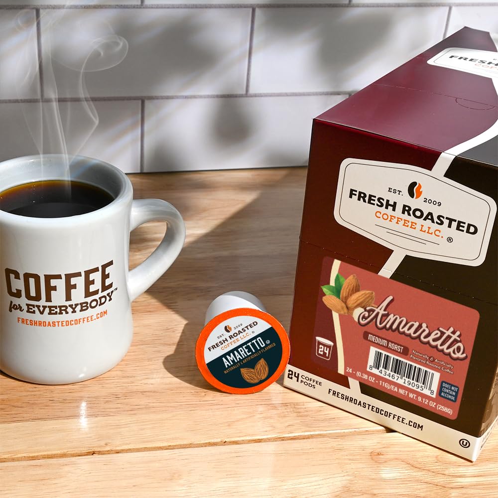 Fresh Roasted Coffee Amaretto packaging shows recyclable cup and sustainable materials.