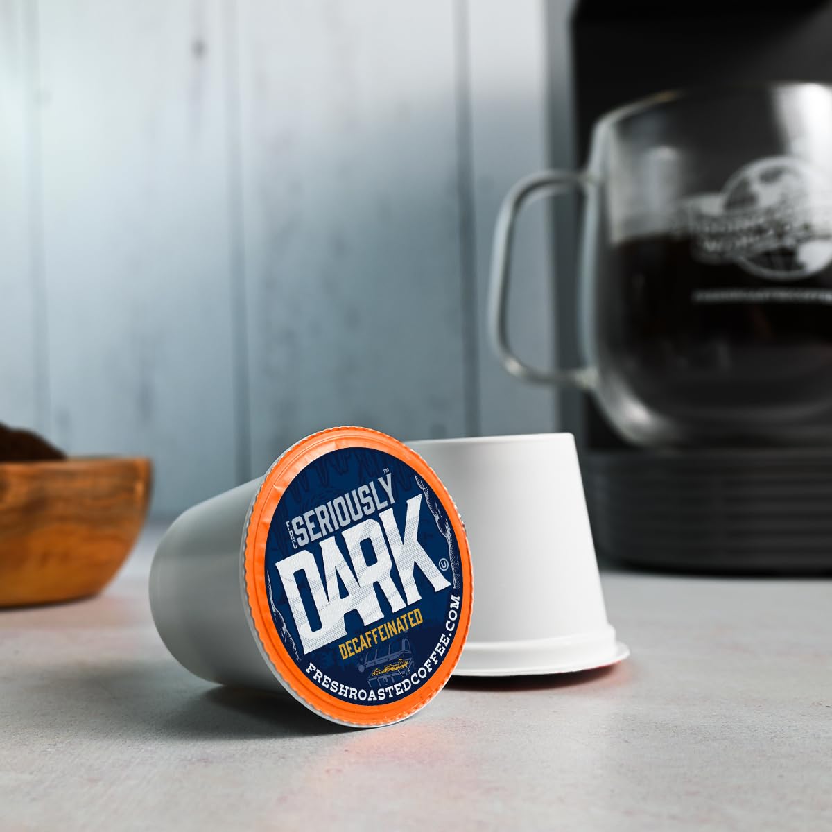 Fresh Roasted Coffee artisan-blend pod closeup with walnut and chocolate notes