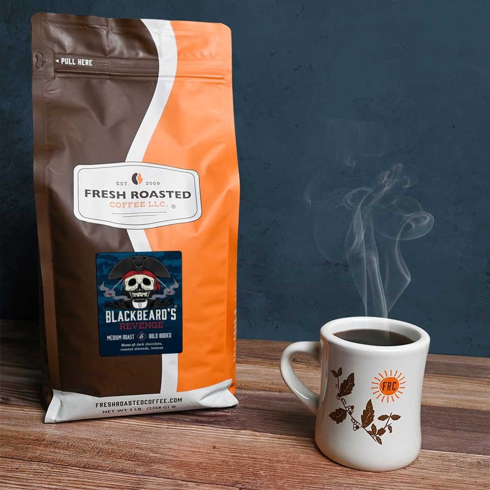 Fresh Roasted Coffee Blackbeard's Revenge steamy cup evokes comforting aromas.