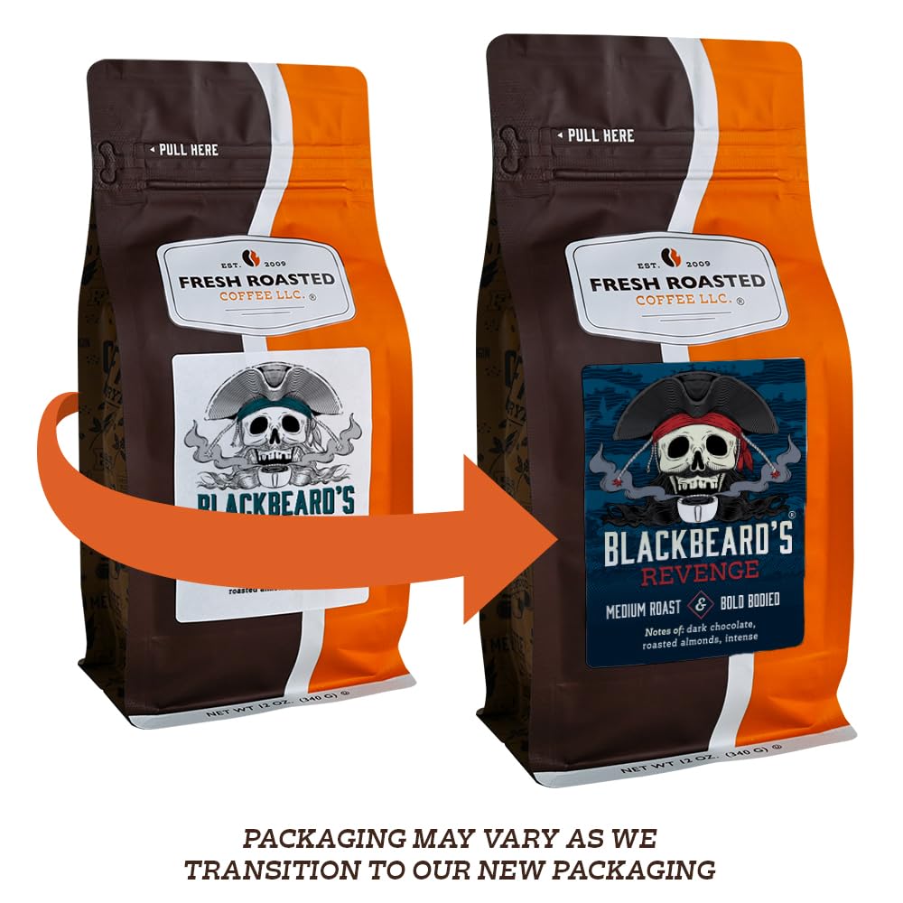 Fresh Roasted Coffee Blackbeard's Revenge whole bean bag ready for home brewing.