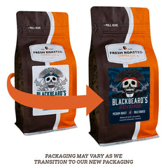 Fresh Roasted Coffee Blackbeard's Revenge whole bean bag ready for home brewing.