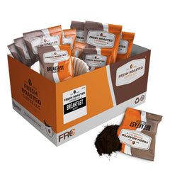 Fresh Roasted Coffee Breakfast Blend packaging close-up with pre-ground packs for quick brew