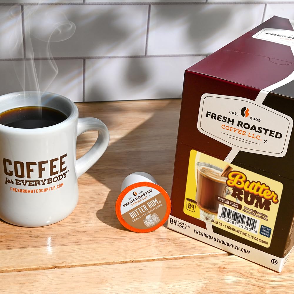 Fresh Roasted Coffee Butter Rum pod in cup showing inviting flavor