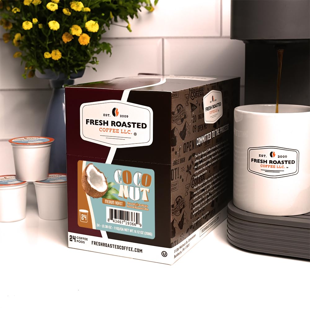 Box closeup emphasizes USA roasting and eco-friendly practices.