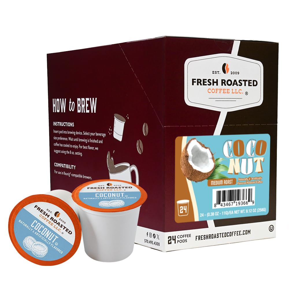 Fresh Roasted Coffee Coconut Pods packaging highlights convenience and tropical aroma.