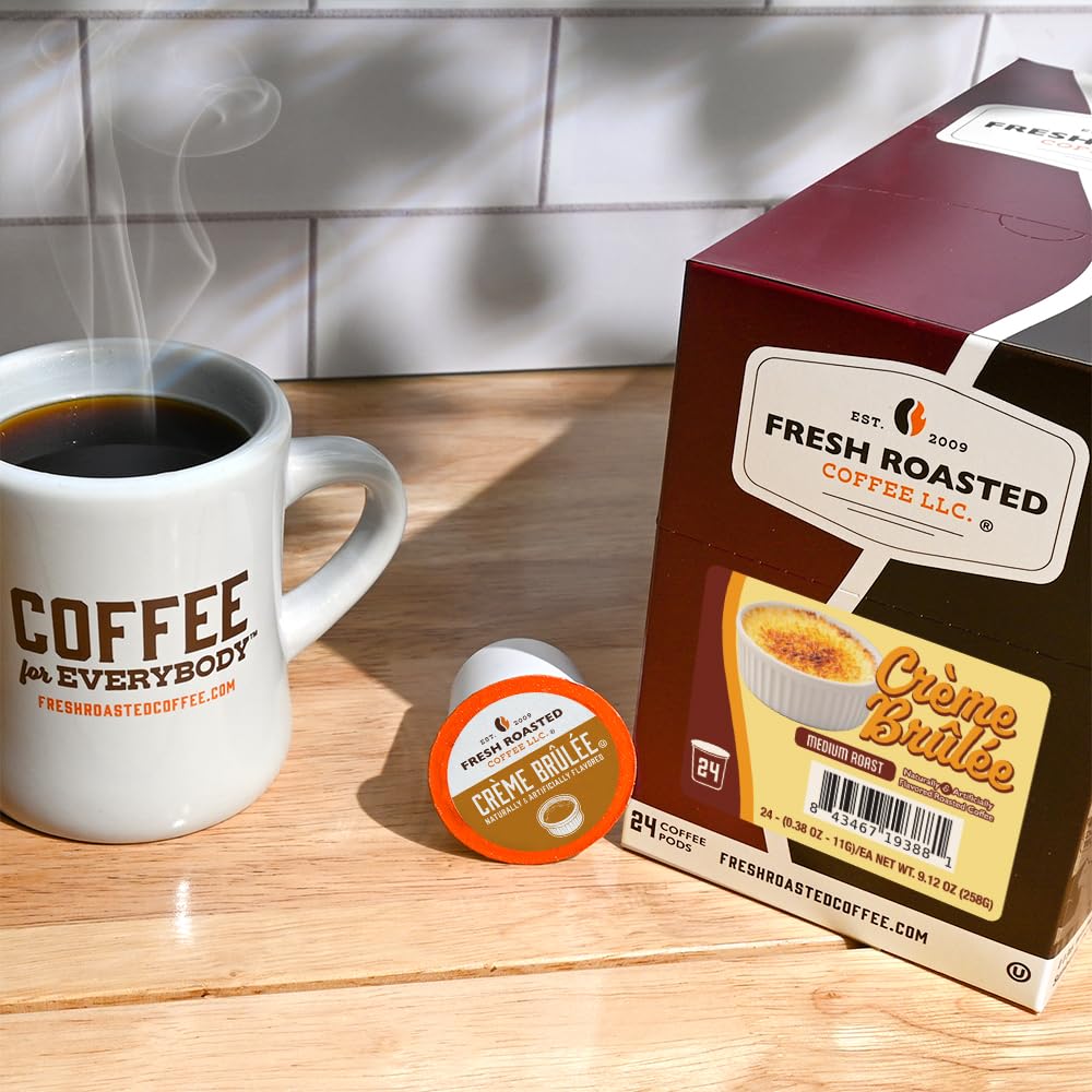 Fresh Roasted Coffee Creme Brulee pod closeup highlights creamy custard and caramel notes.