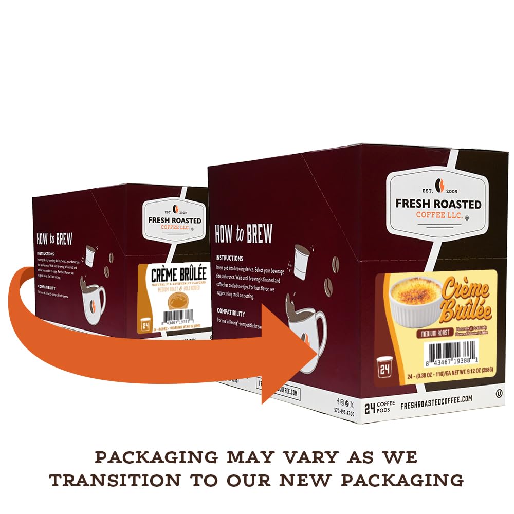 Fresh Roasted Coffee Creme Brulee pod cup demonstrates broad K-Cup compatibility for easy brewing.