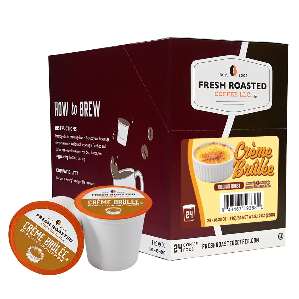 Fresh Roasted Coffee Creme Brulee pod packaging showcases premium aroma for quick single-serve coffee.