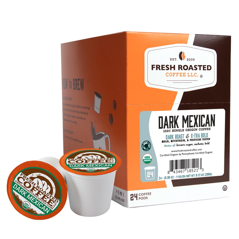 Fresh Roasted Coffee dark Mexican pods pack for quick single-serve mornings.