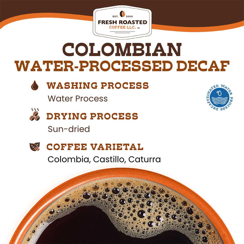 Fresh Roasted Coffee decaf Colombian steam rising from a cup invites tasting.