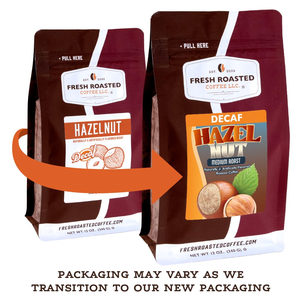 Fresh Roasted Coffee decaf hazelnut ground beans ready to grind for flavor-rich mornings.