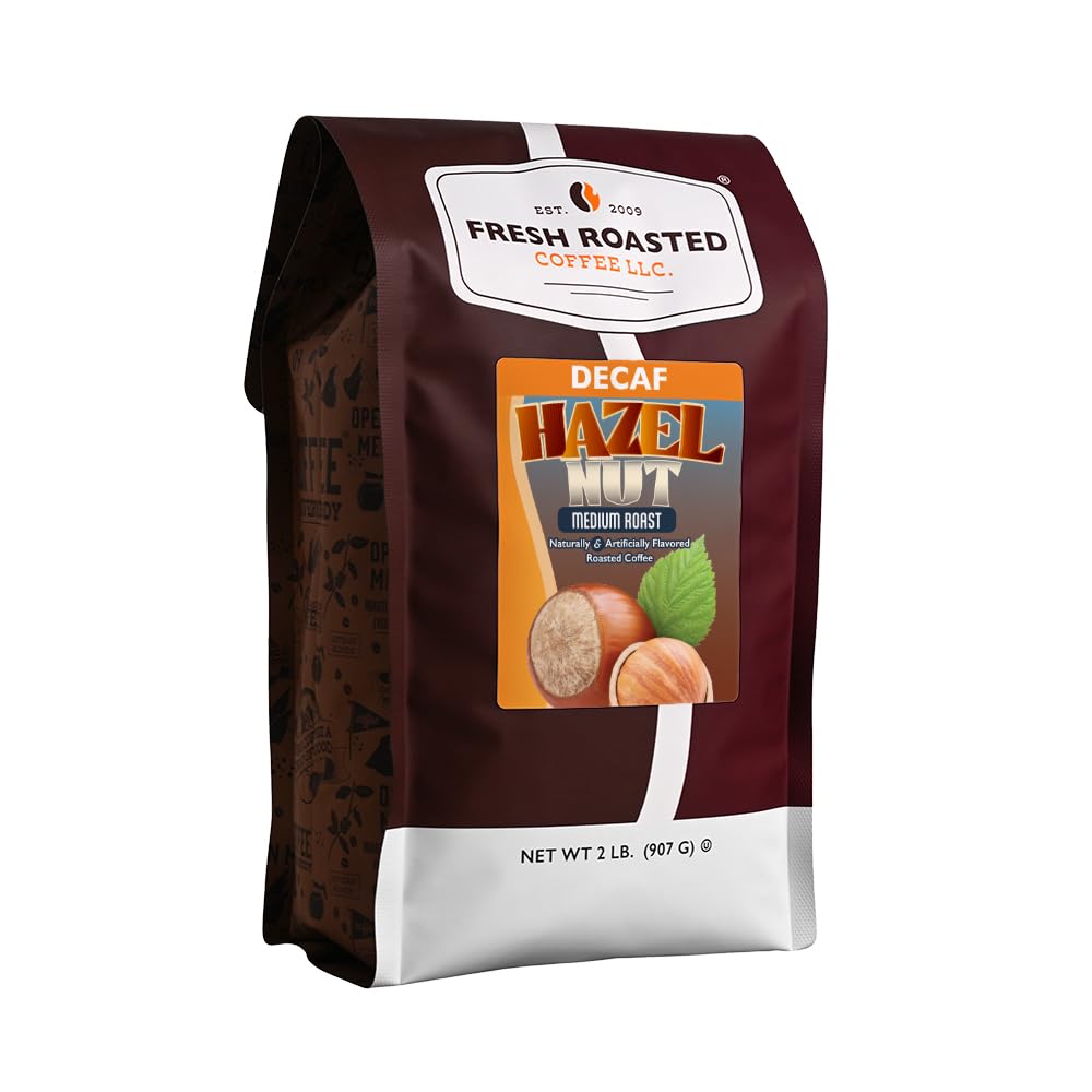 Fresh Roasted Coffee decaf hazelnut 2lb bag with aroma preserved for fresh brewing.