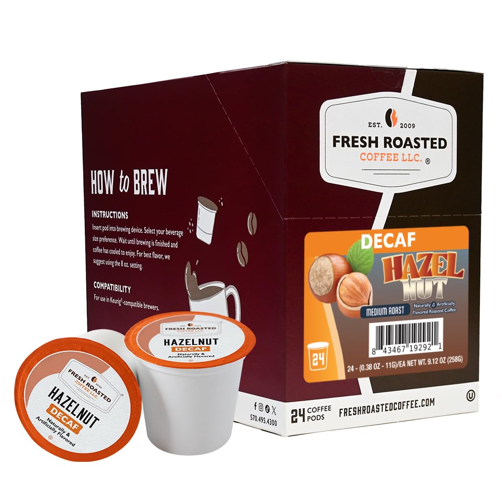 Fresh Roasted Coffee decaf hazelnut pods front packaging display for convenient flavor anytime
