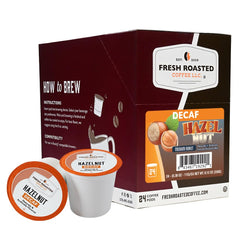 Fresh Roasted Coffee decaf hazelnut pods front packaging display for convenient flavor anytime