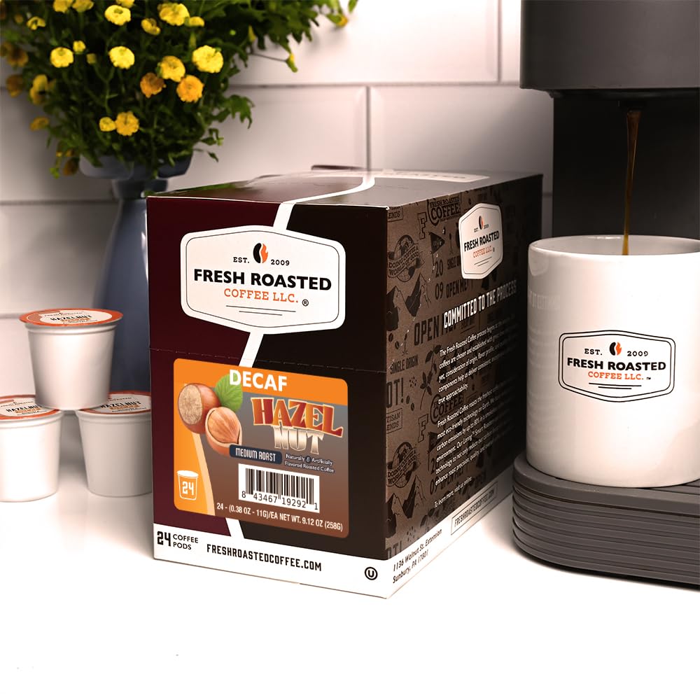 Fresh Roasted Coffee decaf hazelnut pods K-Cup compatible for quick, mess-free brewing