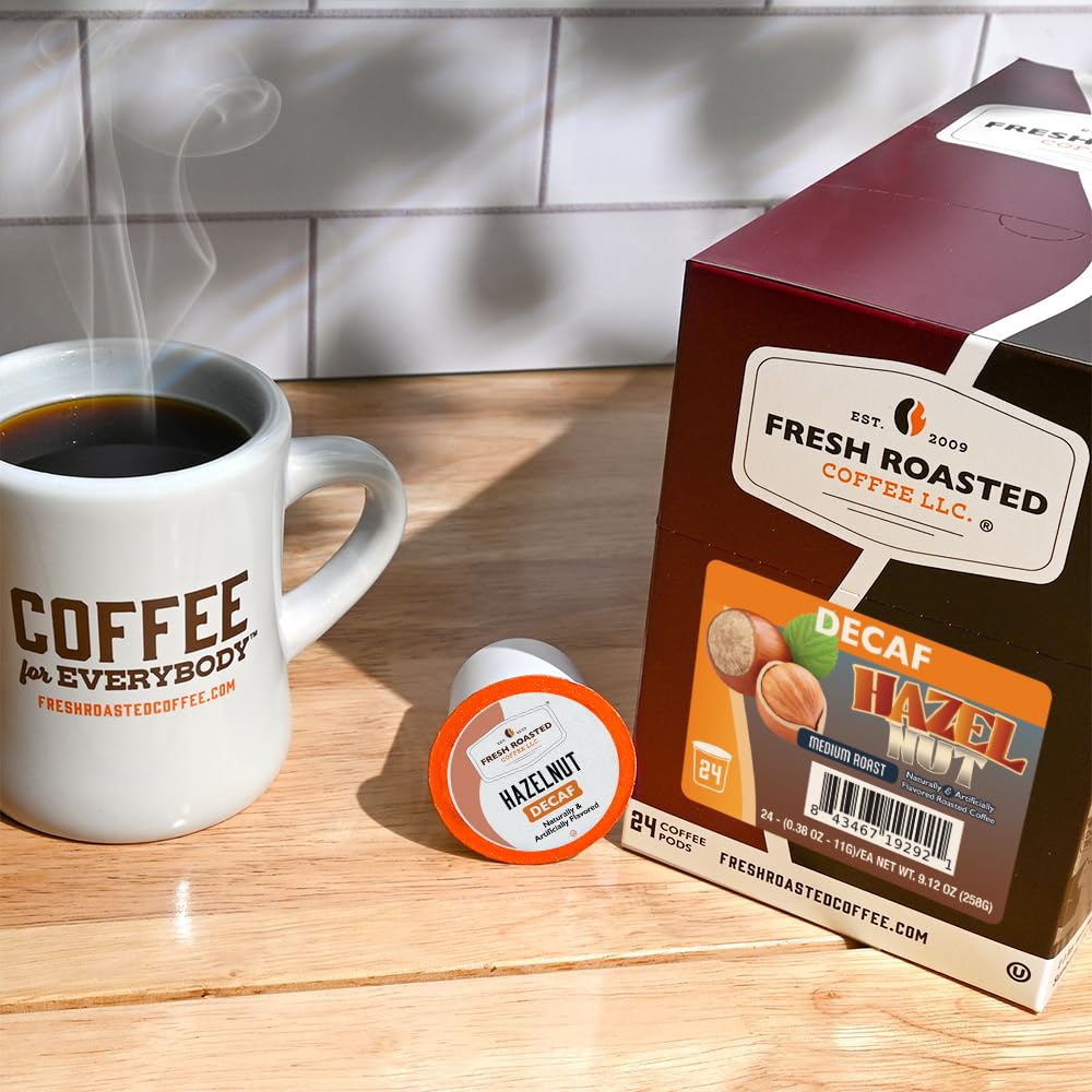 Fresh Roasted Coffee decaf hazelnut pods nitrogen-flush seal preserves freshness and flavor