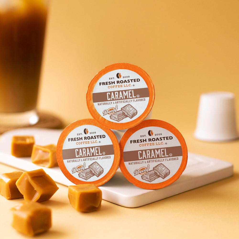 Fresh Roasted Coffee decaf Irish Cream pods offer creamy, caffeine-free indulgence.