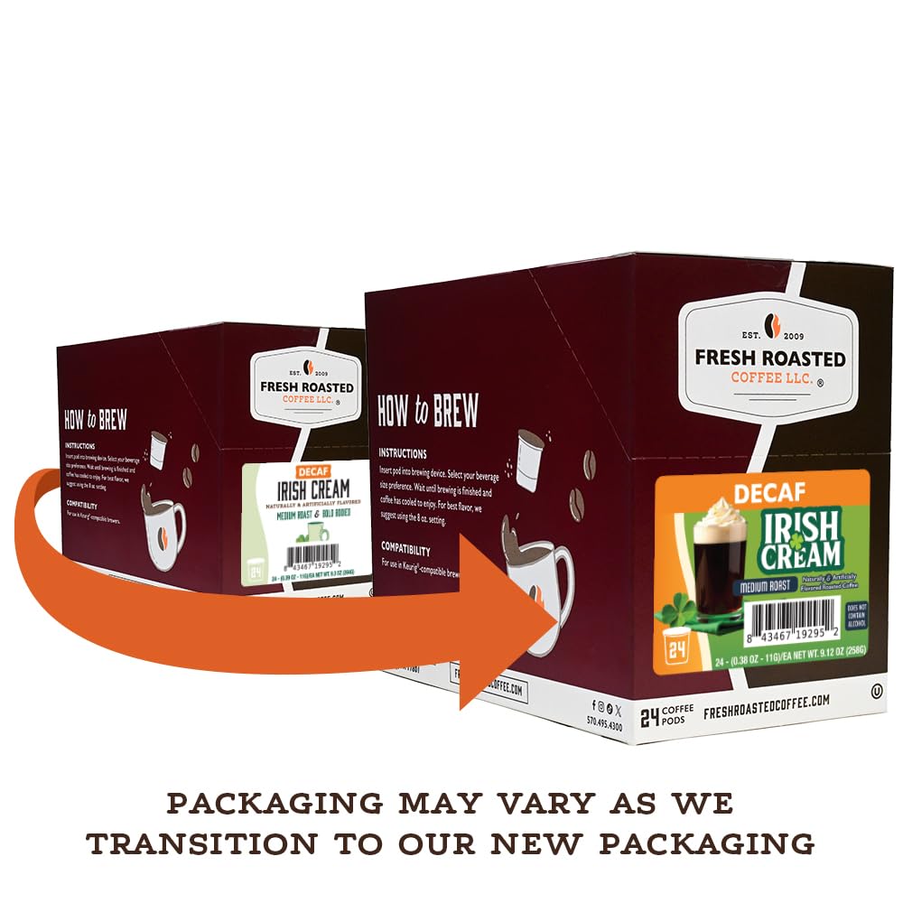 Fresh Roasted Coffee decaf Irish Cream pod on shelf showcases convenient caffeine-free indulgence.
