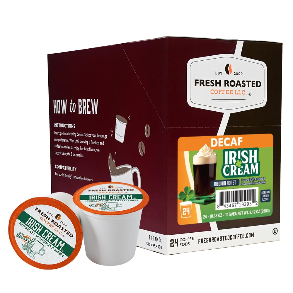 Fresh Roasted Coffee decaf Irish Cream pod packaging highlights premium flavor and sustainability.
