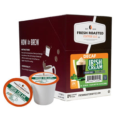 Fresh Roasted Coffee decaf Irish Cream pod packaging highlights premium flavor and sustainability.