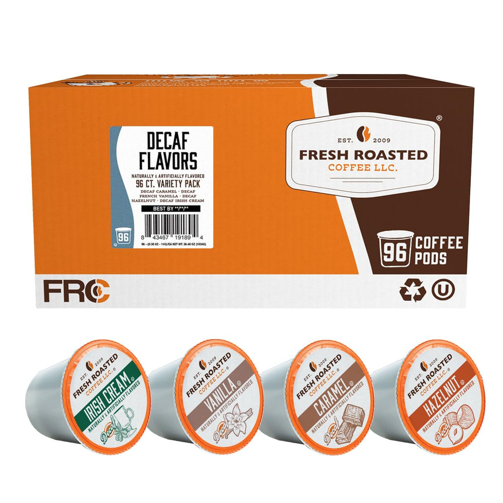 Fresh Roasted Coffee decaf vanilla pods show creamy aroma for evening enjoyment.
