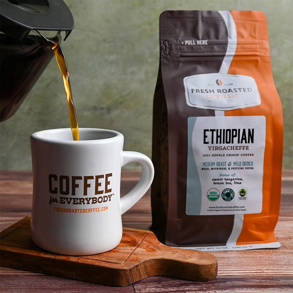 Fresh Roasted Coffee Ethiopian Yirgacheffe whole beans ready for a rich drip brew