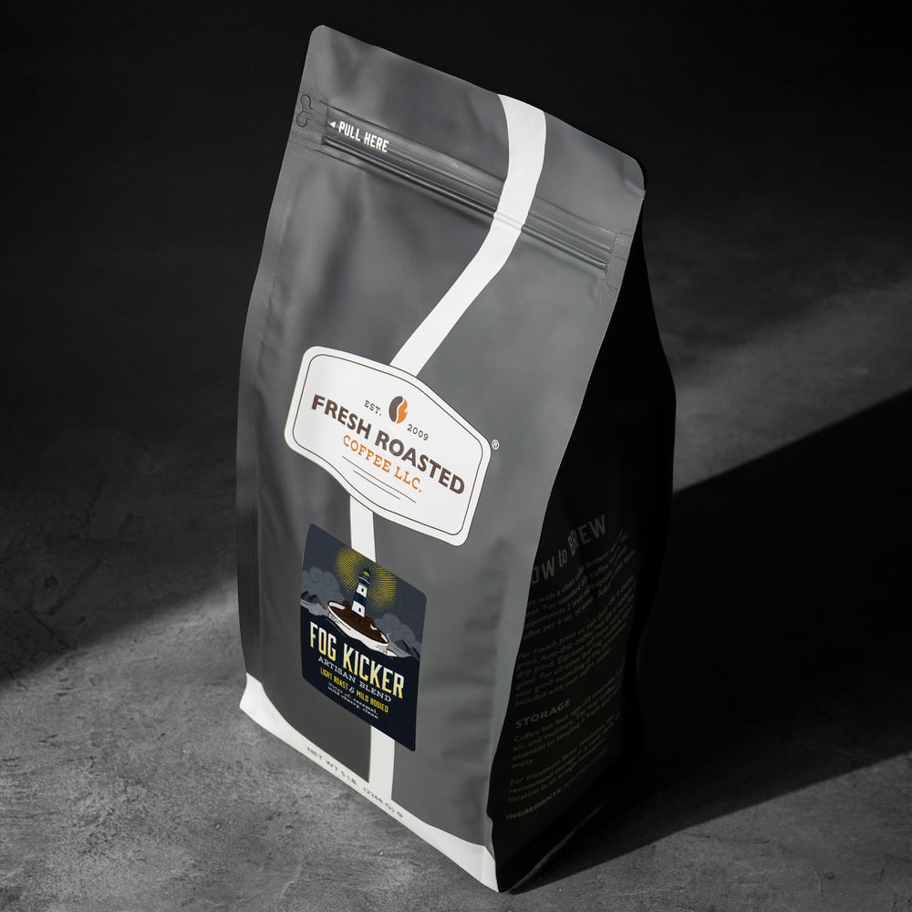 Fresh Roasted Coffee Fog Kicker label highlights Kosher certification and USA production.