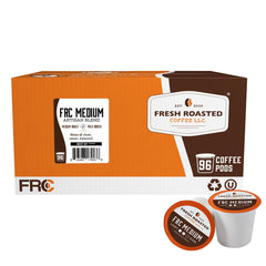 Fresh Roasted Coffee medium roast pods packaging highlighting BPA-free cups and eco-friendly packaging.