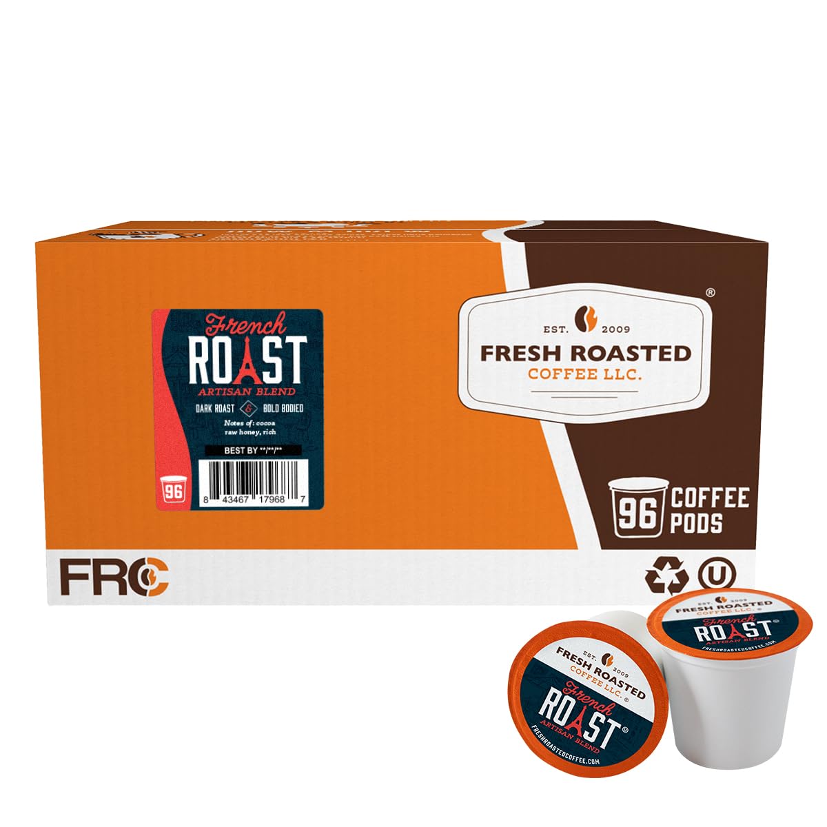 Fresh Roasted Coffee French Roast 96 pods box view highlights convenient packaging