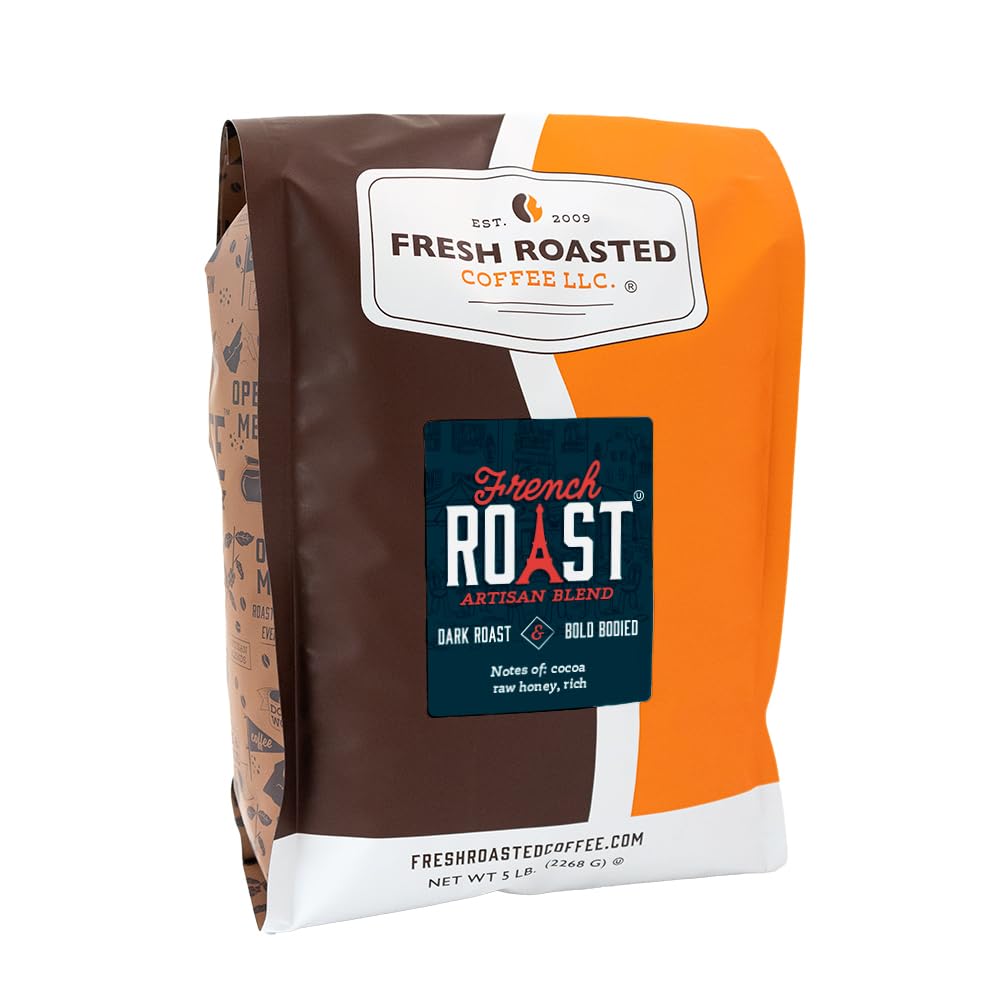 Fresh Roasted Coffee French Roast five-pound bag shows durable packaging for freshness.