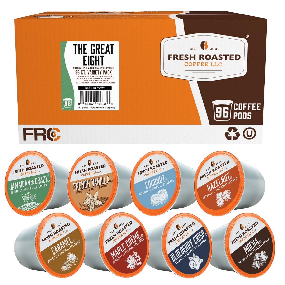 Fresh Roasted Coffee Great Eight box showing eight flavored pod varieties for easy selection