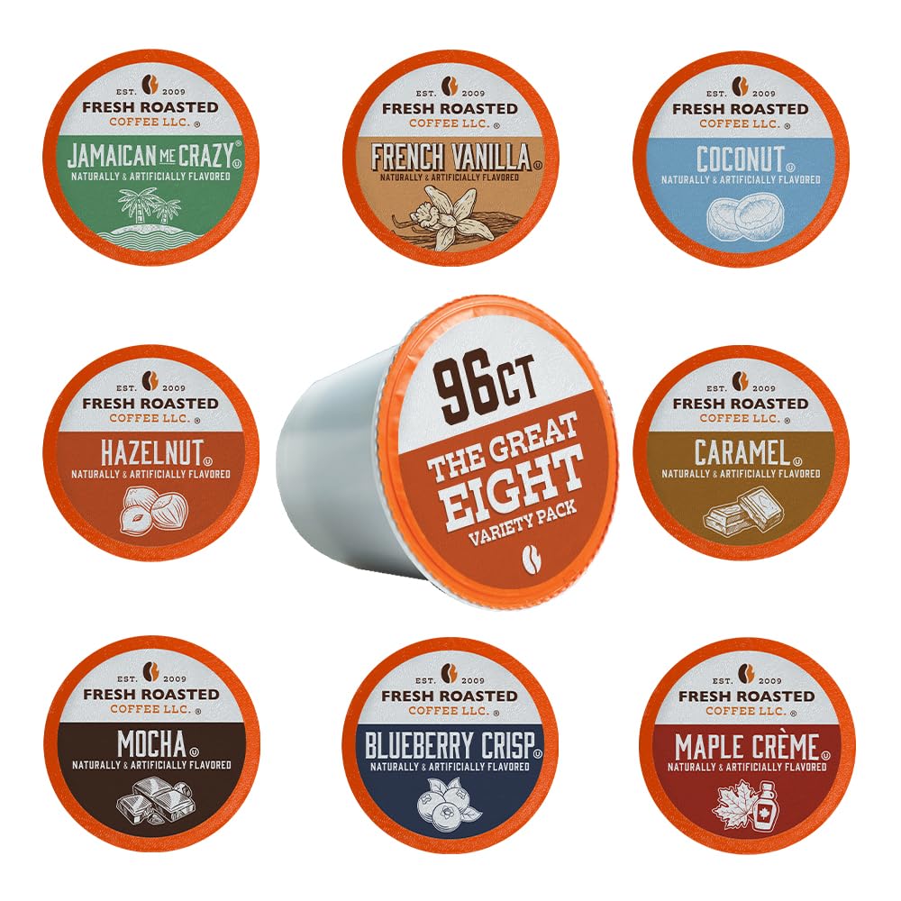 Fresh Roasted Coffee Great Eight pods close-up highlighting flavor options