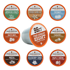 Fresh Roasted Coffee Great Eight pods close-up highlighting flavor options