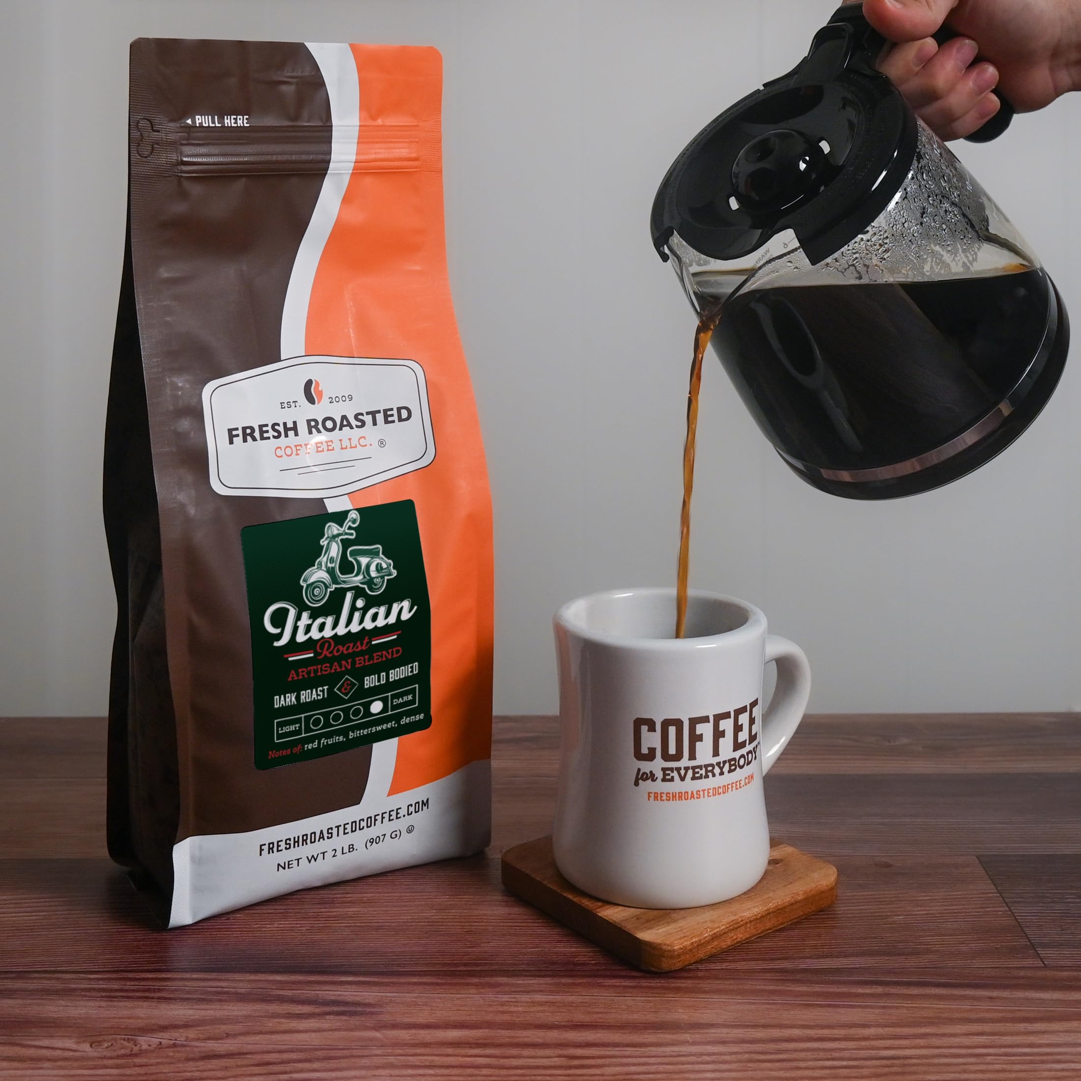 Fresh Roasted Coffee Italian Roast brew pour deep dark notes