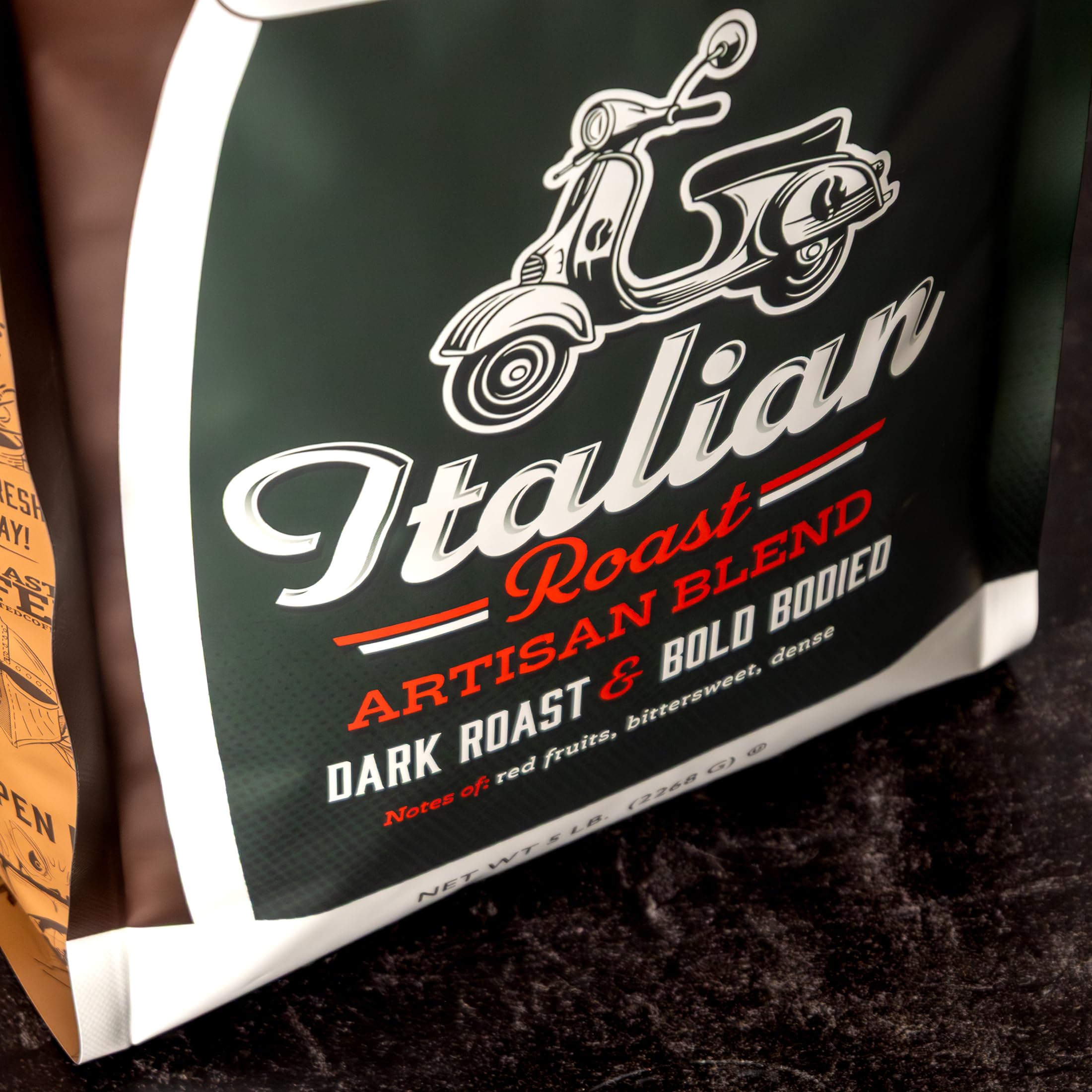 Fresh Roasted Coffee Italian Roast packaging highlights USA roasting and kosher certification