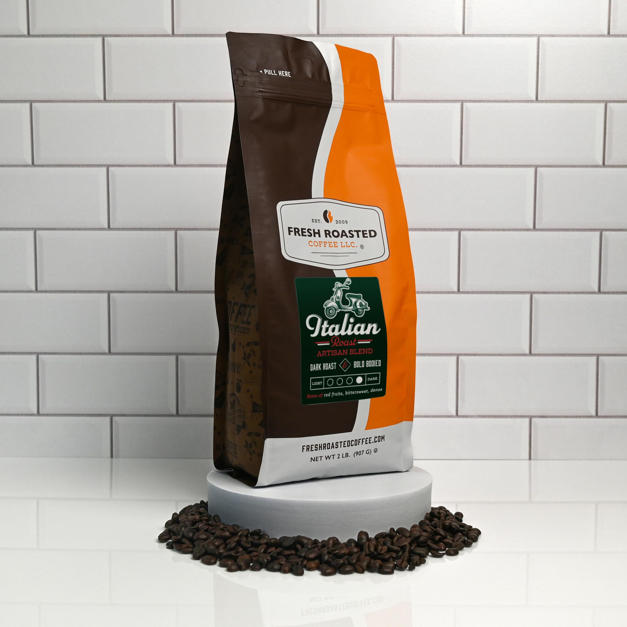 Fresh Roasted Coffee Italian Roast sustainably sourced label on bag
