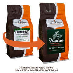 Fresh Roasted Coffee Italian Roast whole beans closeup rich aroma ready to grind