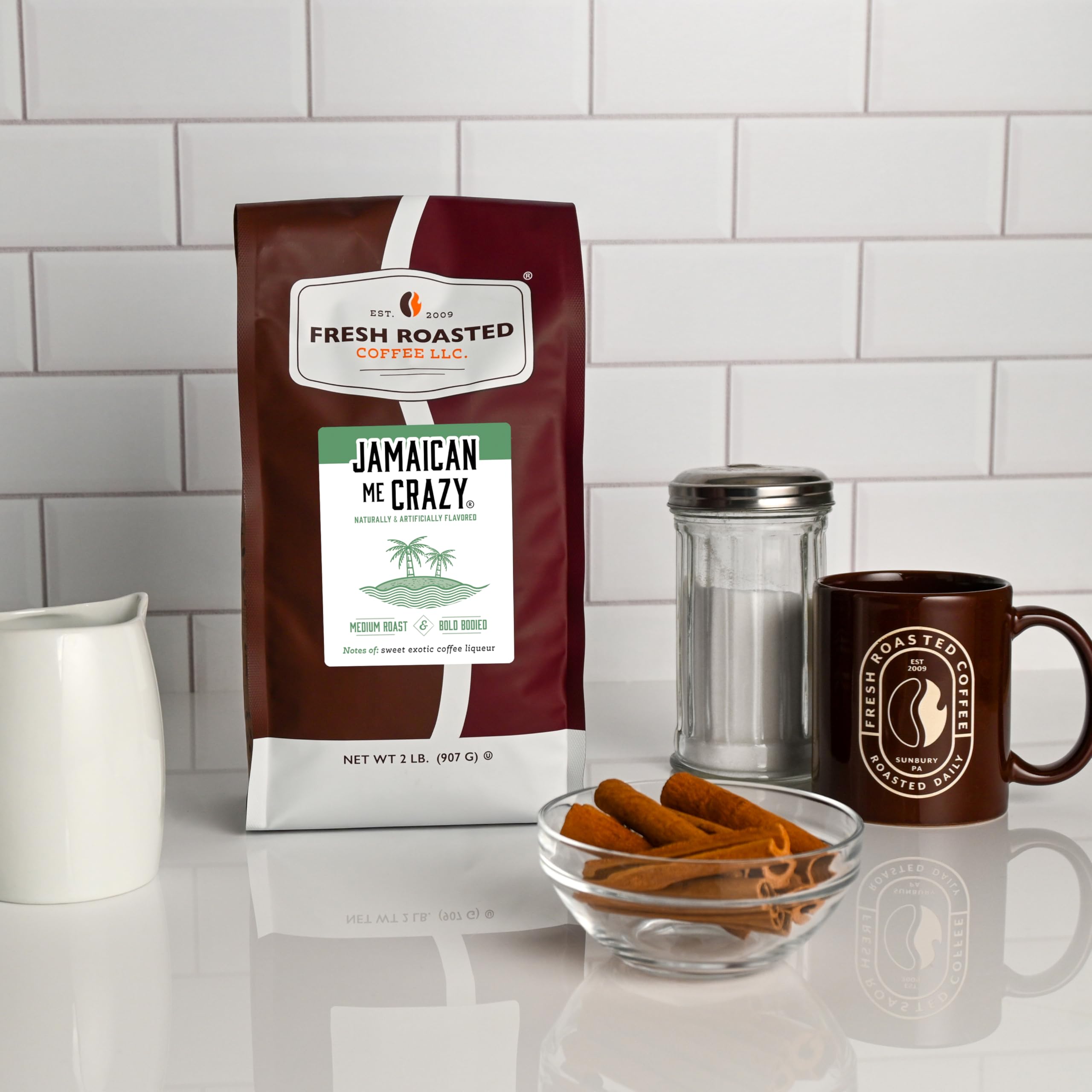 Fresh Roasted Coffee Jamaican Me Crazy brew being poured with rich aroma