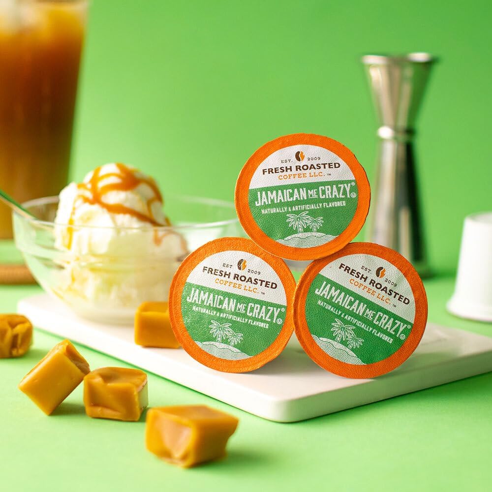Fresh Roasted Coffee Jamaican Me Crazy pod caramel-vanilla swirl aroma.